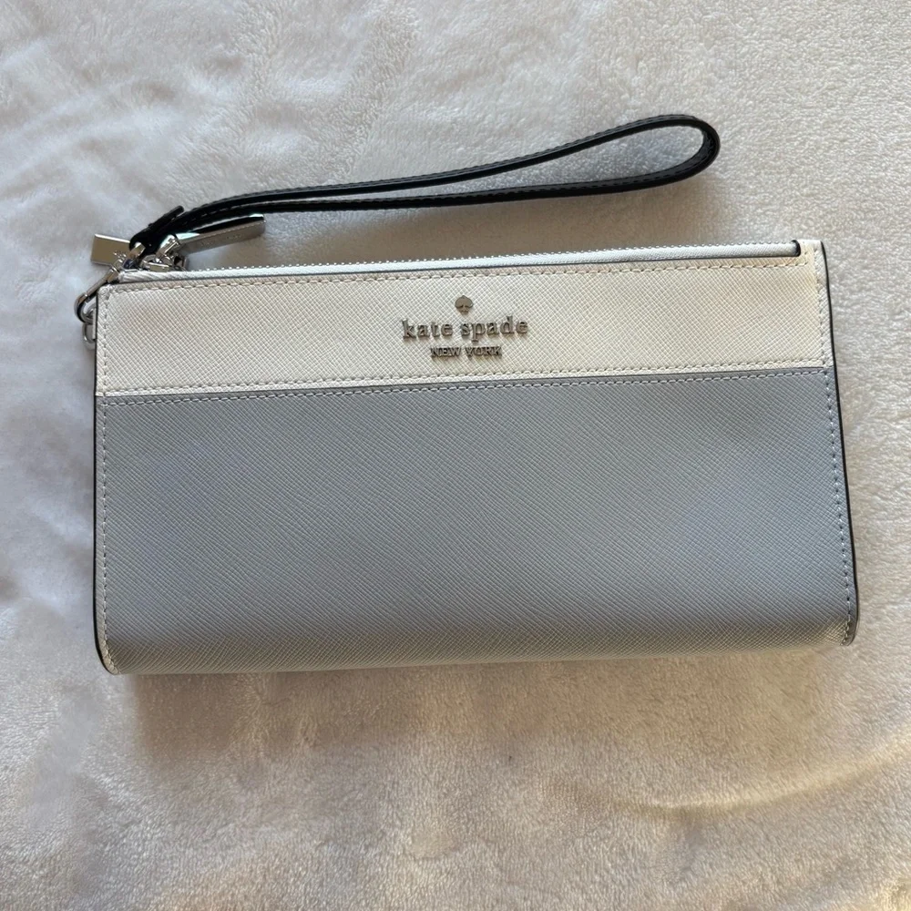Kate Spade SET Madison Double Zip Wristlet + Small Slim Card Holder Grey/Ivory